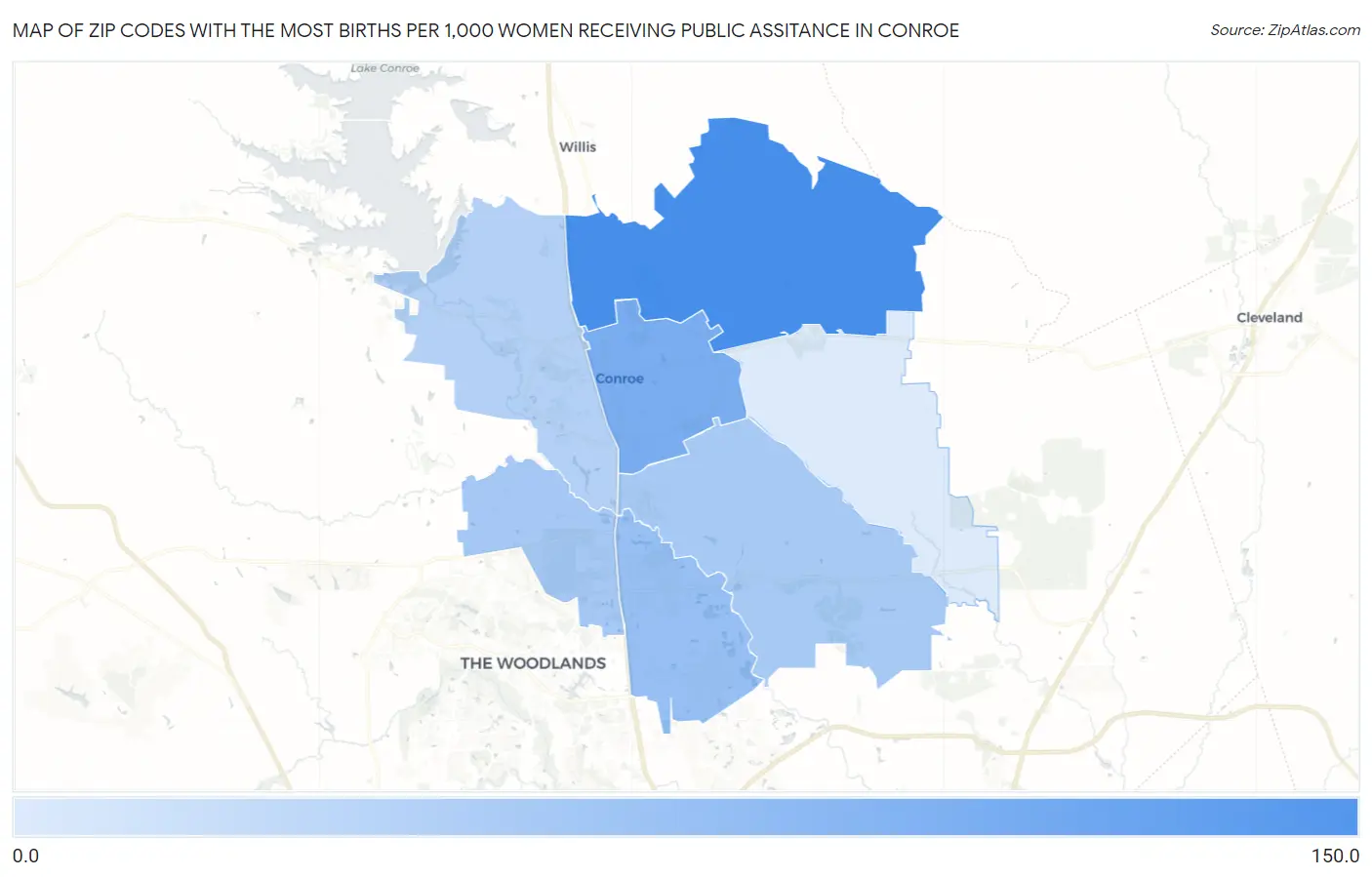 Zip Codes with the Most Births per 1,000 Women Receiving Public Assitance in Conroe Map