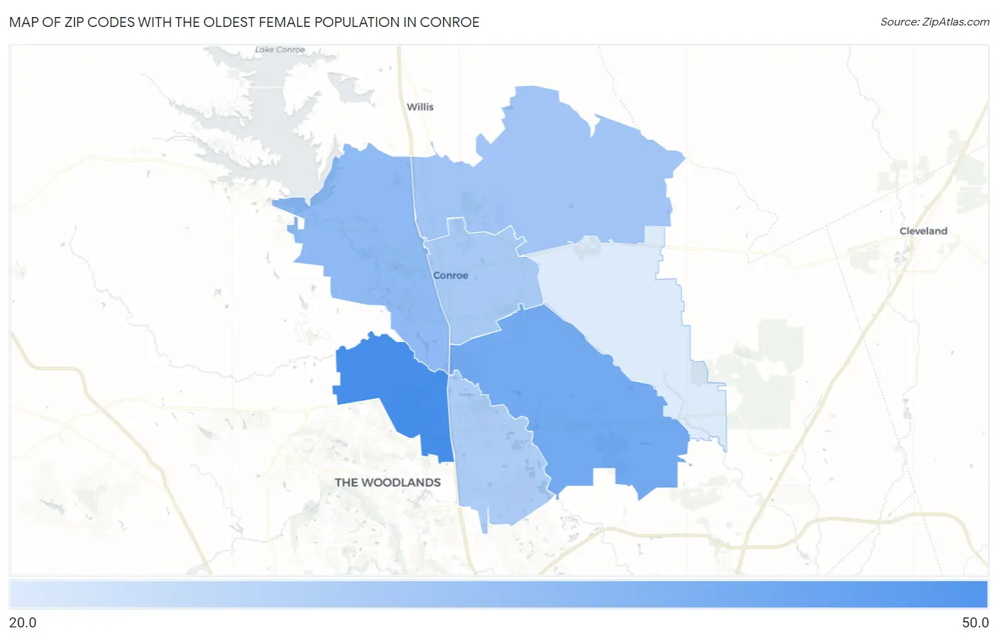 Zip Codes with the Oldest Female Population in Conroe Map