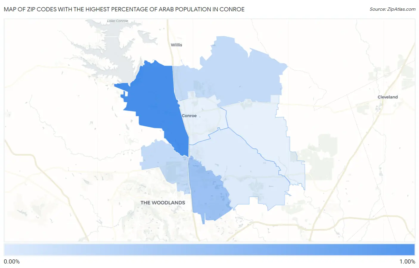Zip Codes with the Highest Percentage of Arab Population in Conroe Map