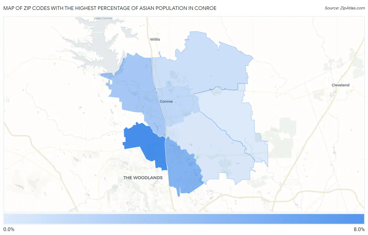 Zip Codes with the Highest Percentage of Asian Population in Conroe Map