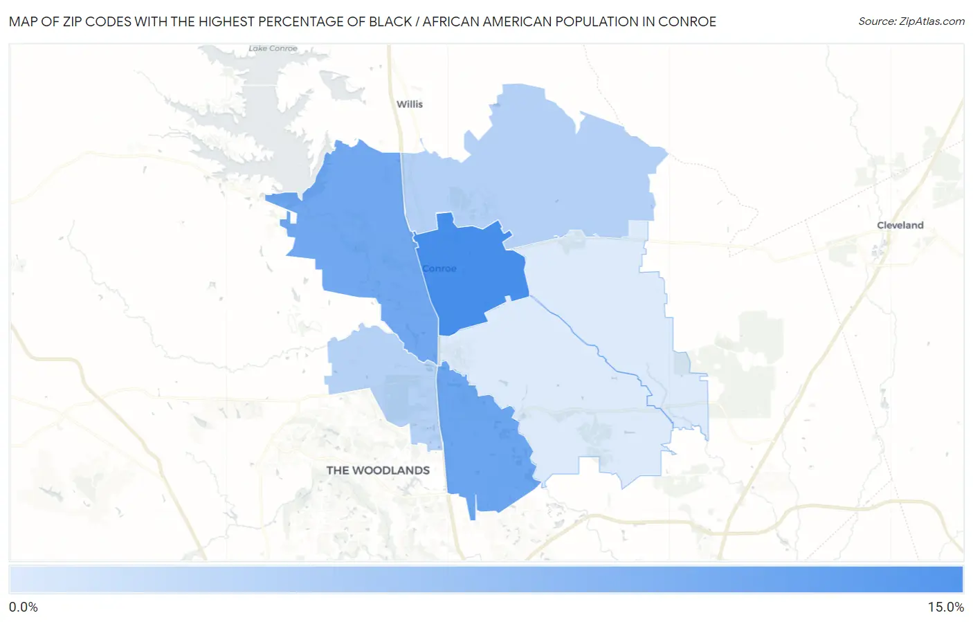 Zip Codes with the Highest Percentage of Black / African American Population in Conroe Map