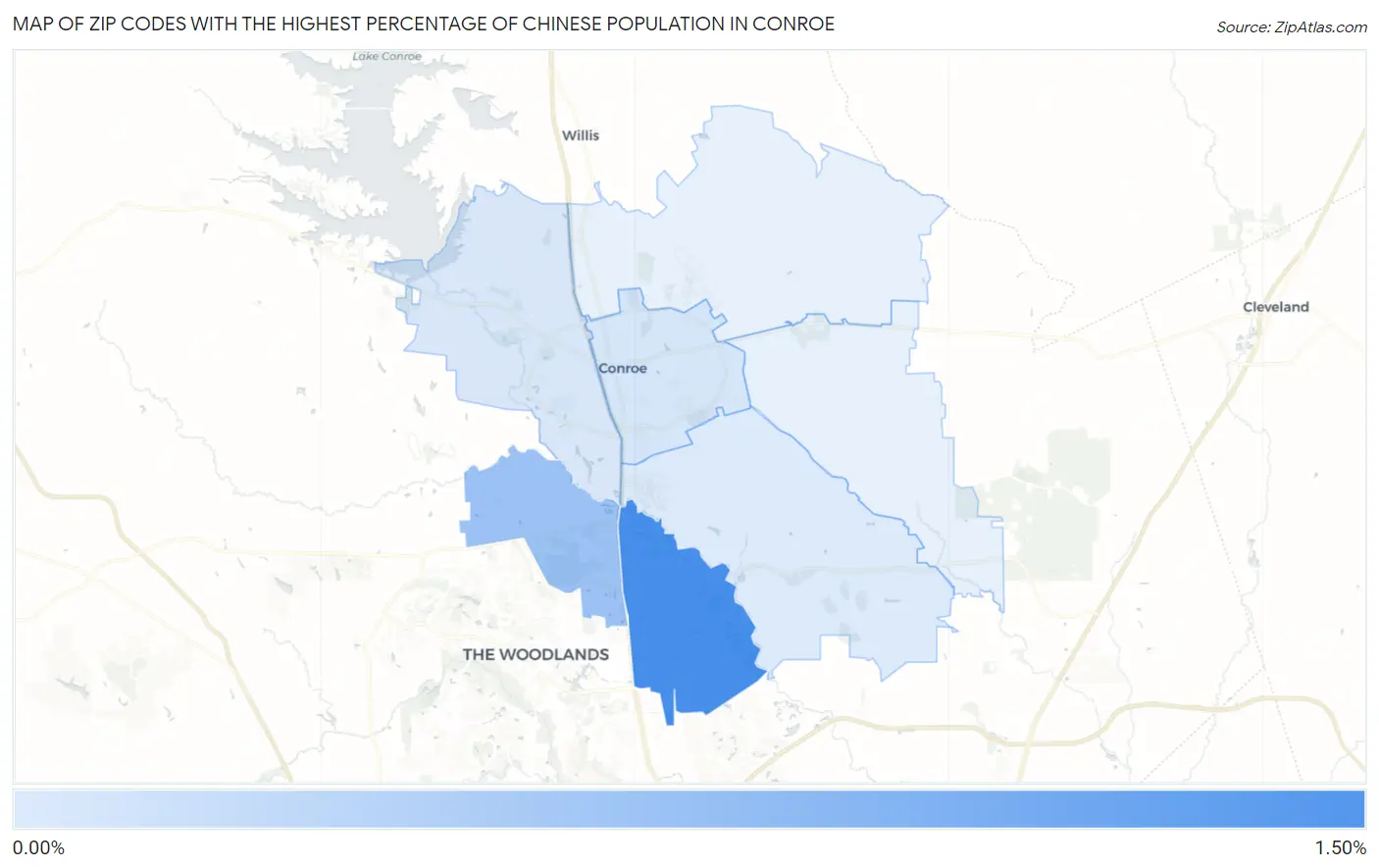 Zip Codes with the Highest Percentage of Chinese Population in Conroe Map
