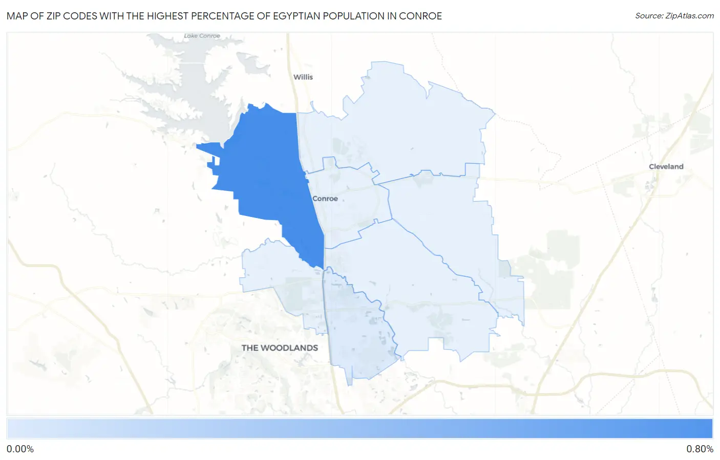 Zip Codes with the Highest Percentage of Egyptian Population in Conroe Map