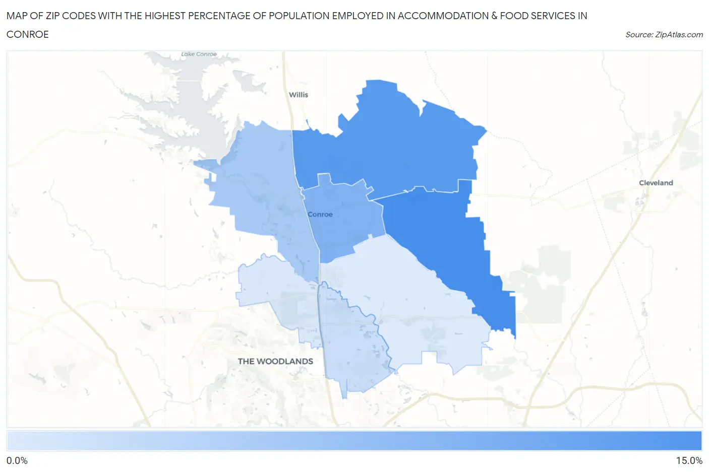 Zip Codes with the Highest Percentage of Population Employed in Accommodation & Food Services in Conroe Map
