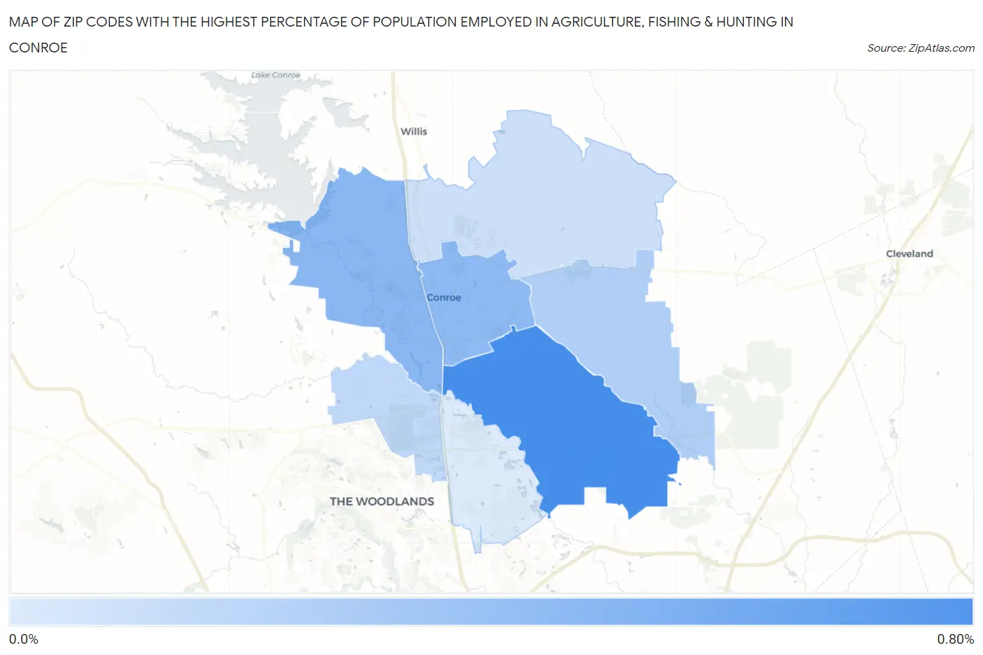 Zip Codes with the Highest Percentage of Population Employed in Agriculture, Fishing & Hunting in Conroe Map