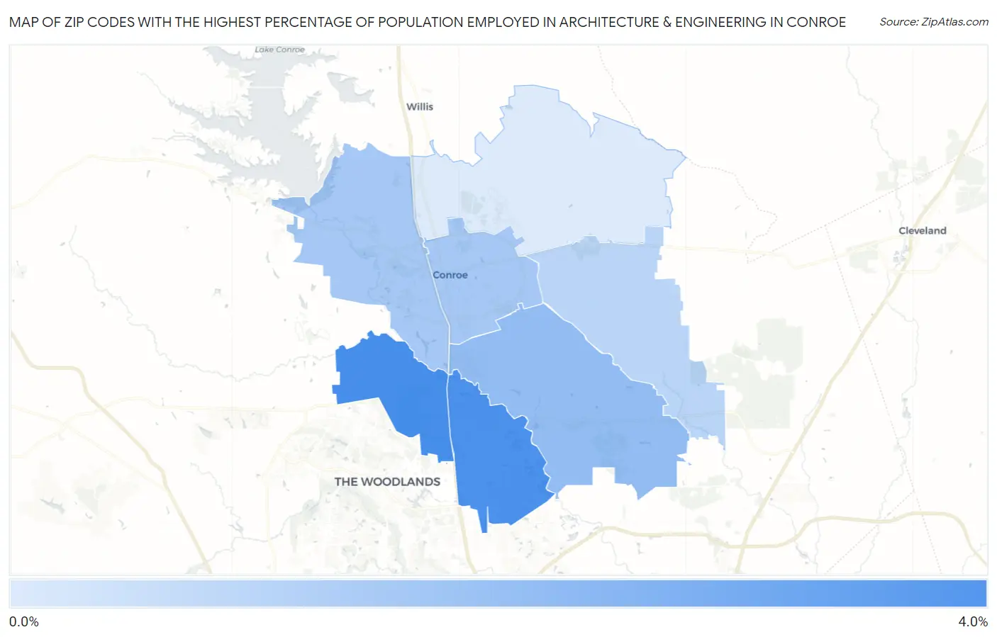 Zip Codes with the Highest Percentage of Population Employed in Architecture & Engineering in Conroe Map