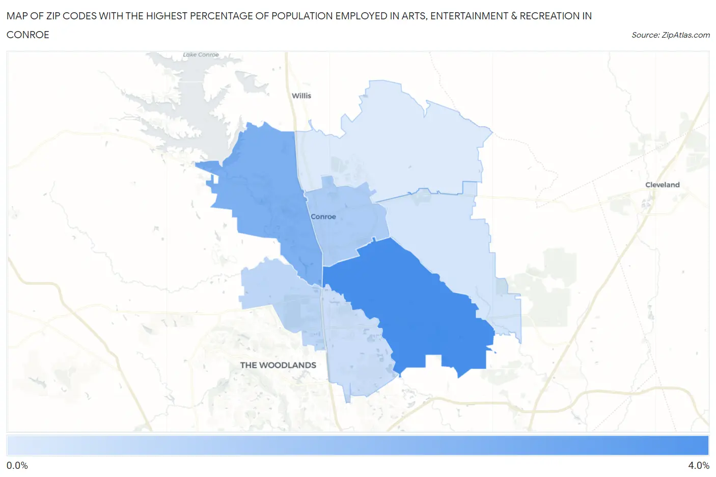 Zip Codes with the Highest Percentage of Population Employed in Arts, Entertainment & Recreation in Conroe Map