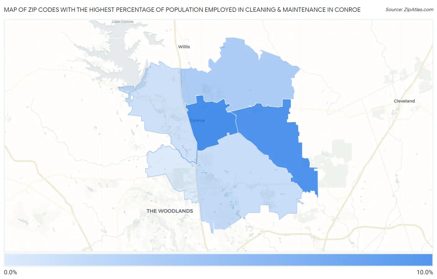 Zip Codes with the Highest Percentage of Population Employed in Cleaning & Maintenance in Conroe Map