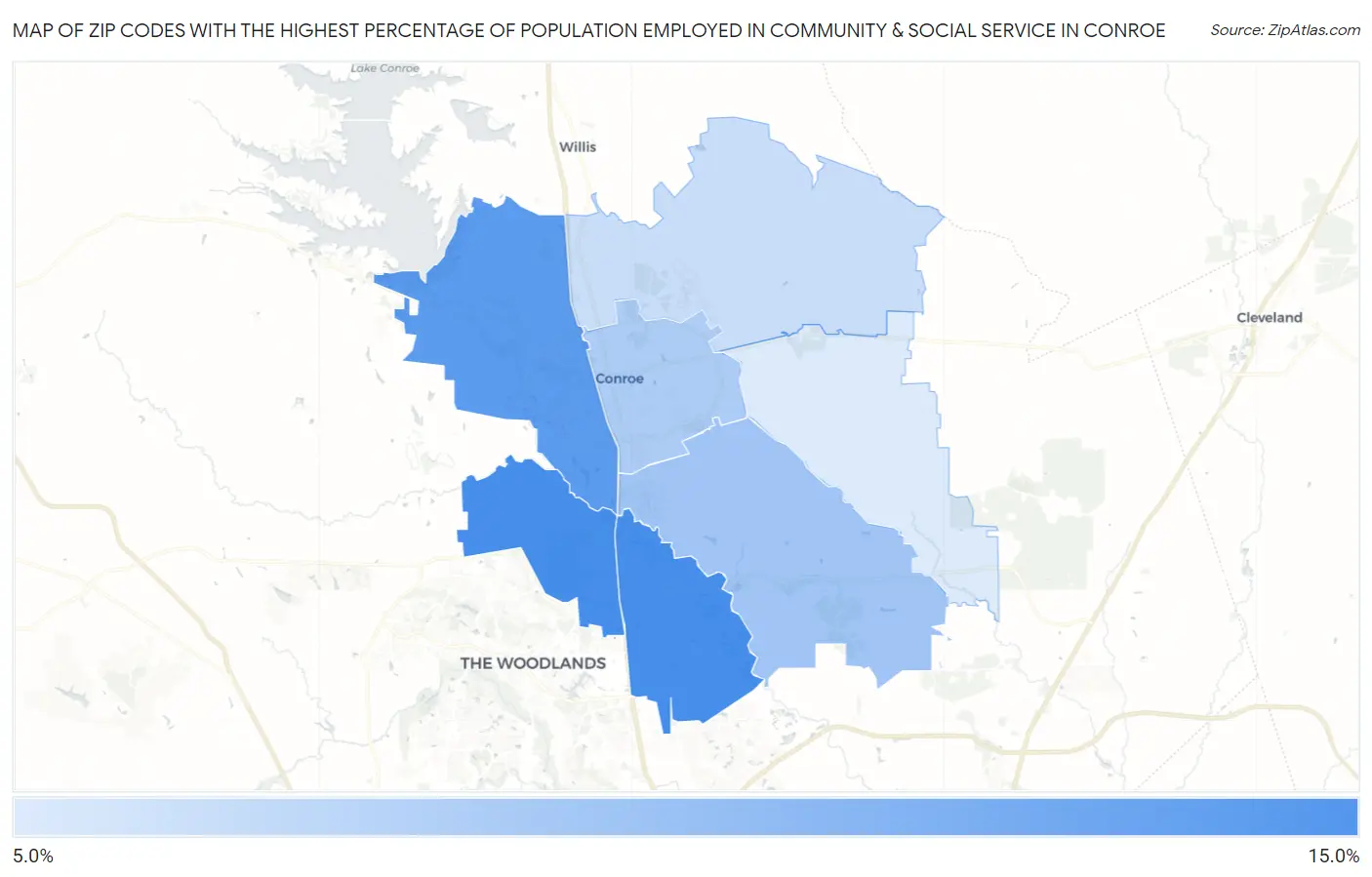 Zip Codes with the Highest Percentage of Population Employed in Community & Social Service  in Conroe Map