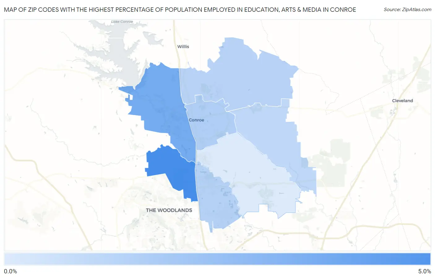 Zip Codes with the Highest Percentage of Population Employed in Education, Arts & Media in Conroe Map