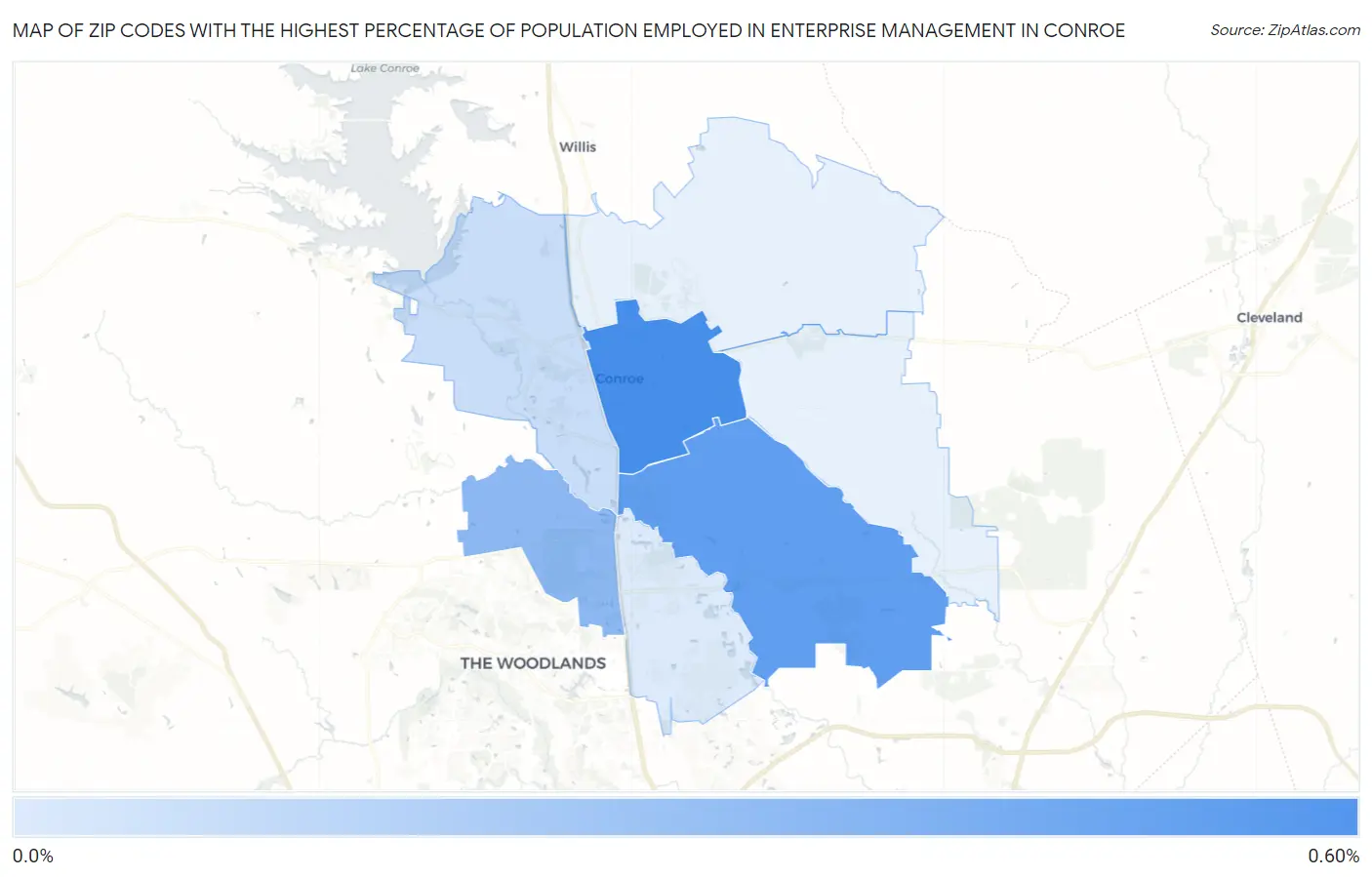 Zip Codes with the Highest Percentage of Population Employed in Enterprise Management in Conroe Map