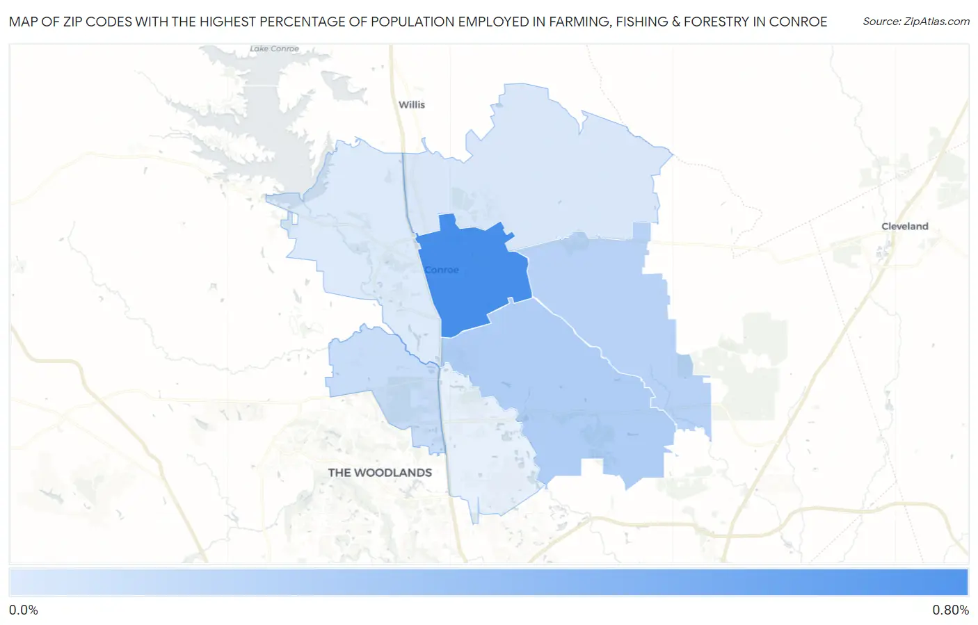 Zip Codes with the Highest Percentage of Population Employed in Farming, Fishing & Forestry in Conroe Map