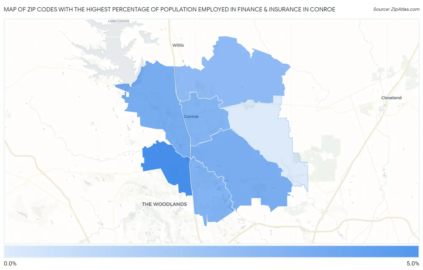 Zip Codes with the Highest Percentage of Population Employed in Finance & Insurance in Conroe Map