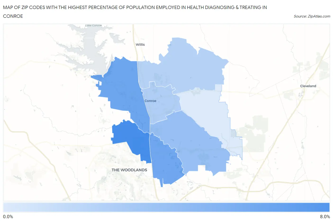 Zip Codes with the Highest Percentage of Population Employed in Health Diagnosing & Treating in Conroe Map