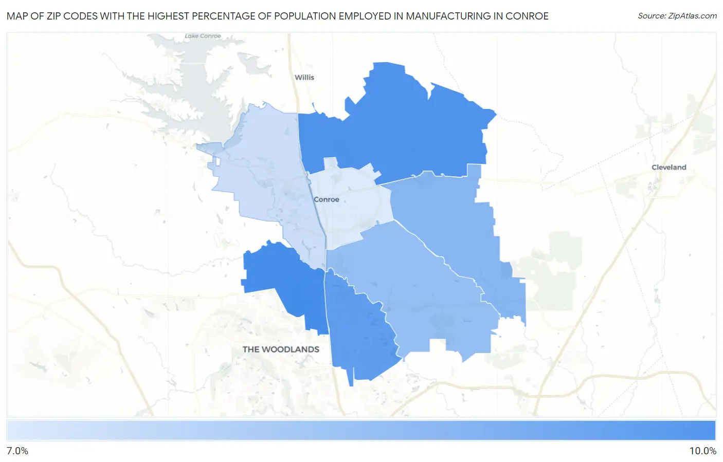 Zip Codes with the Highest Percentage of Population Employed in Manufacturing in Conroe Map