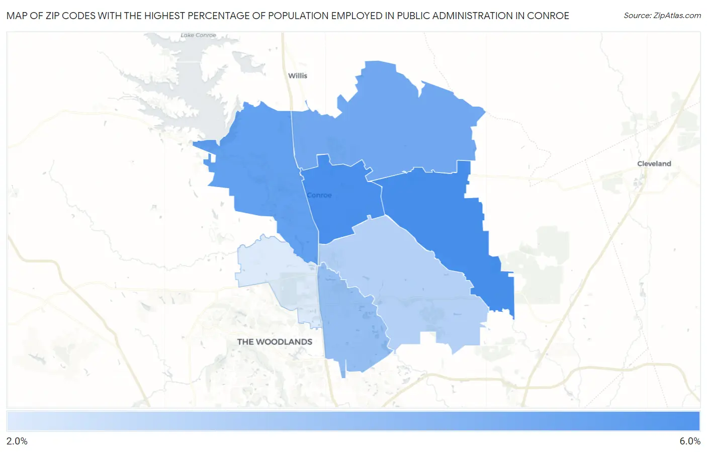 Zip Codes with the Highest Percentage of Population Employed in Public Administration in Conroe Map