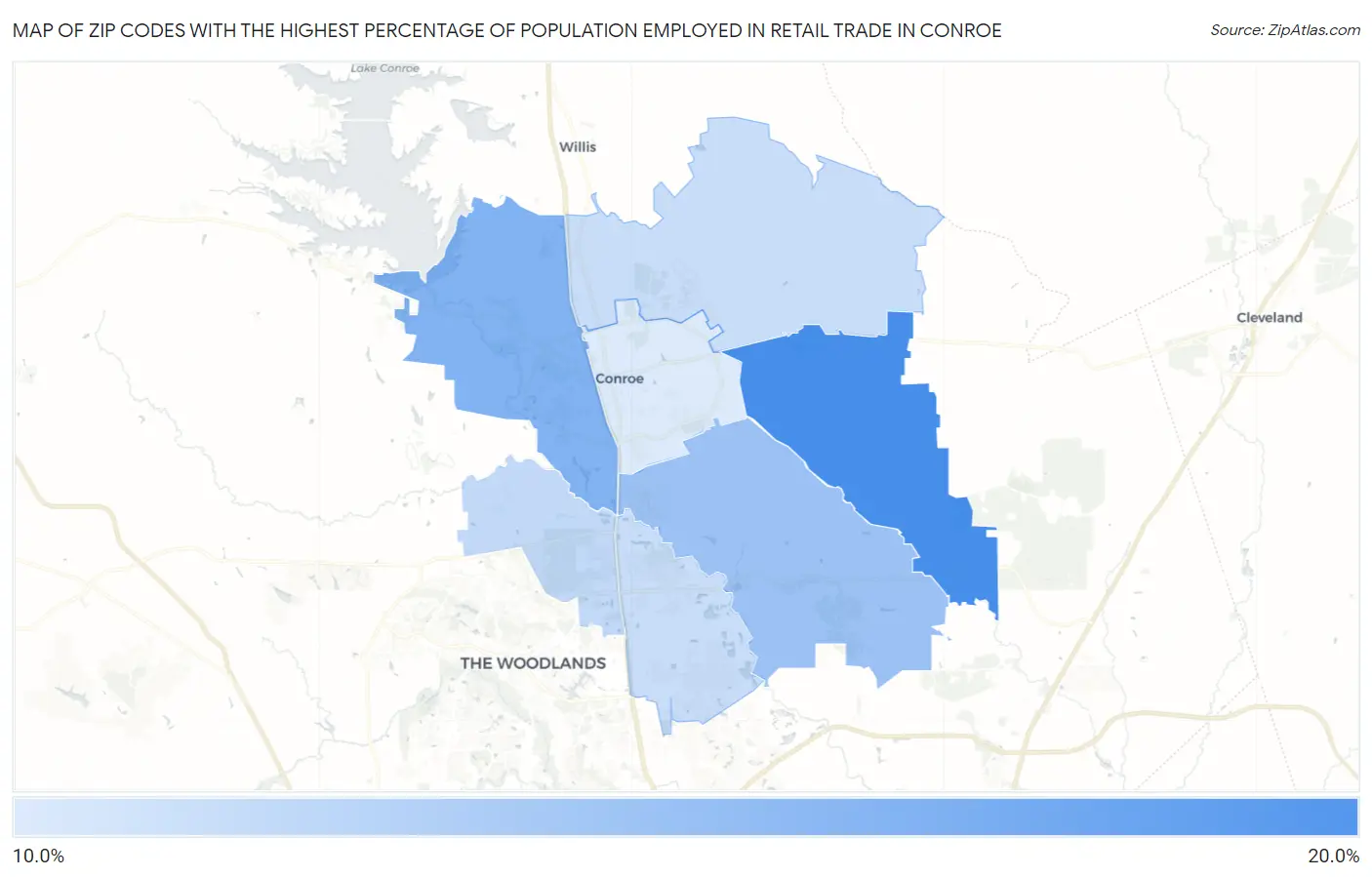 Zip Codes with the Highest Percentage of Population Employed in Retail Trade in Conroe Map