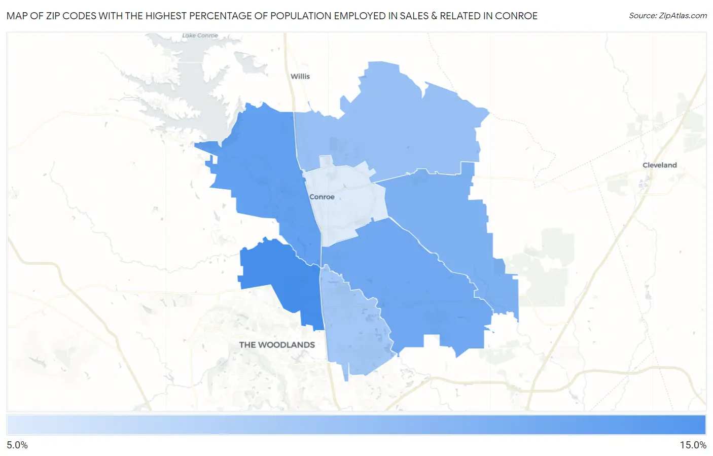 Zip Codes with the Highest Percentage of Population Employed in Sales & Related in Conroe Map