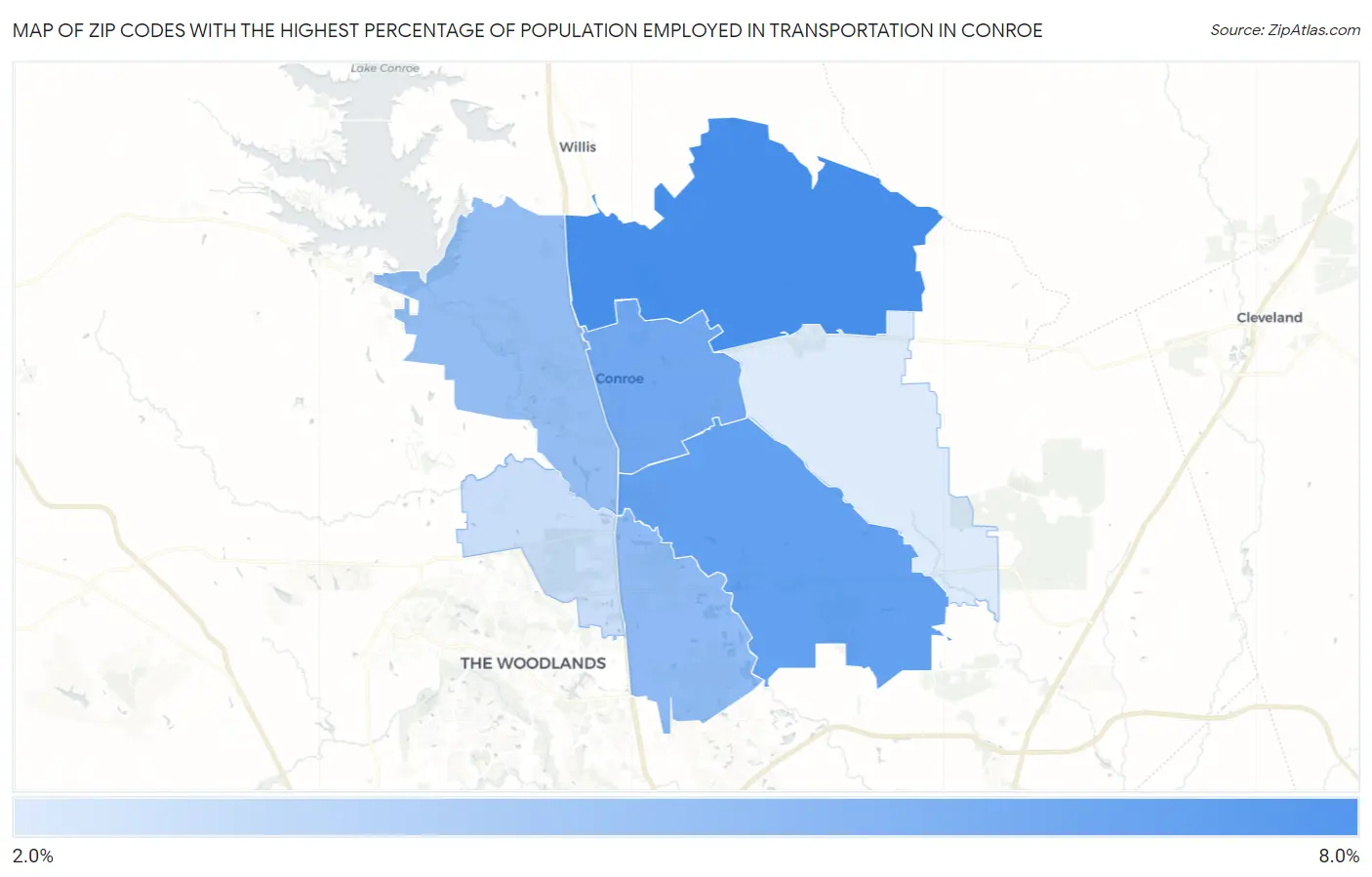Zip Codes with the Highest Percentage of Population Employed in Transportation in Conroe Map