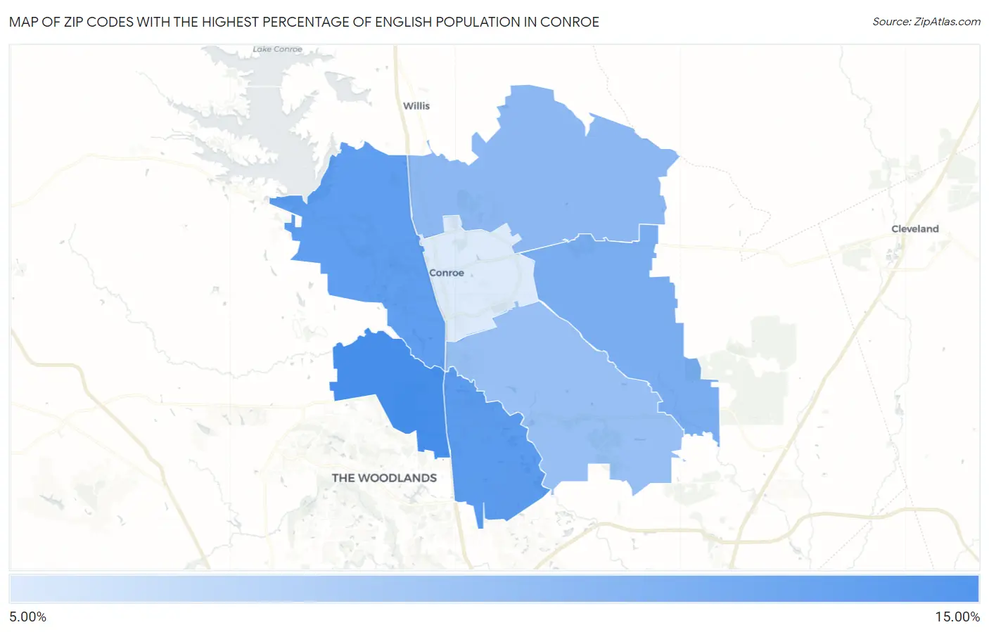 Zip Codes with the Highest Percentage of English Population in Conroe Map