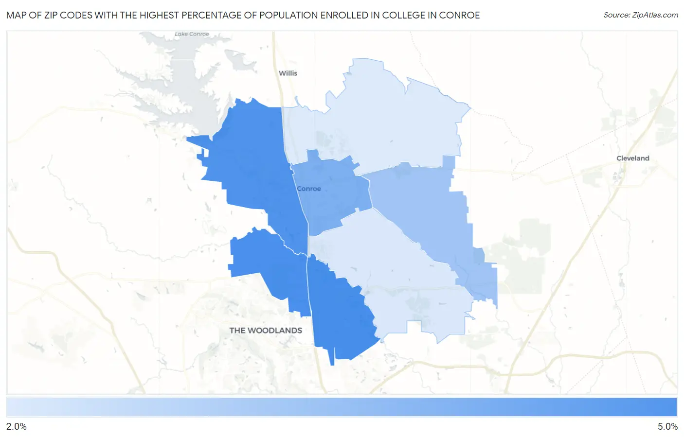 Zip Codes with the Highest Percentage of Population Enrolled in College in Conroe Map