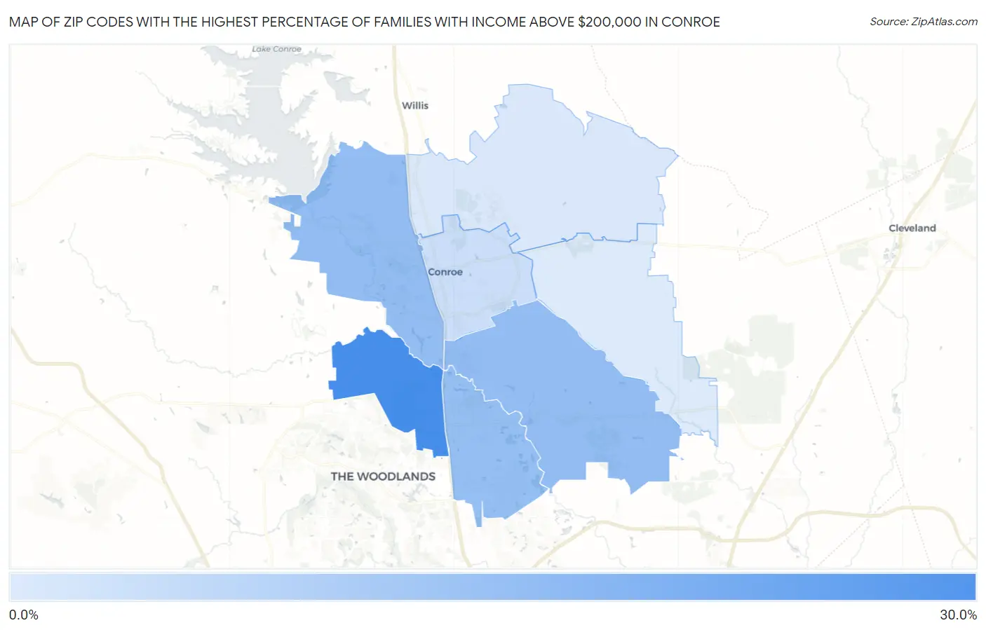 Zip Codes with the Highest Percentage of Families with Income Above $200,000 in Conroe Map