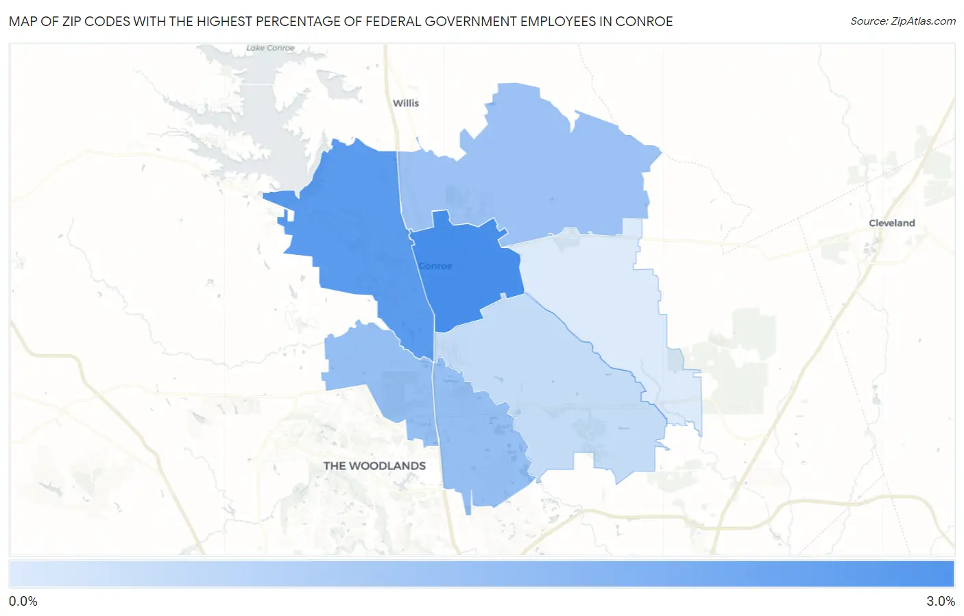 Zip Codes with the Highest Percentage of Federal Government Employees in Conroe Map