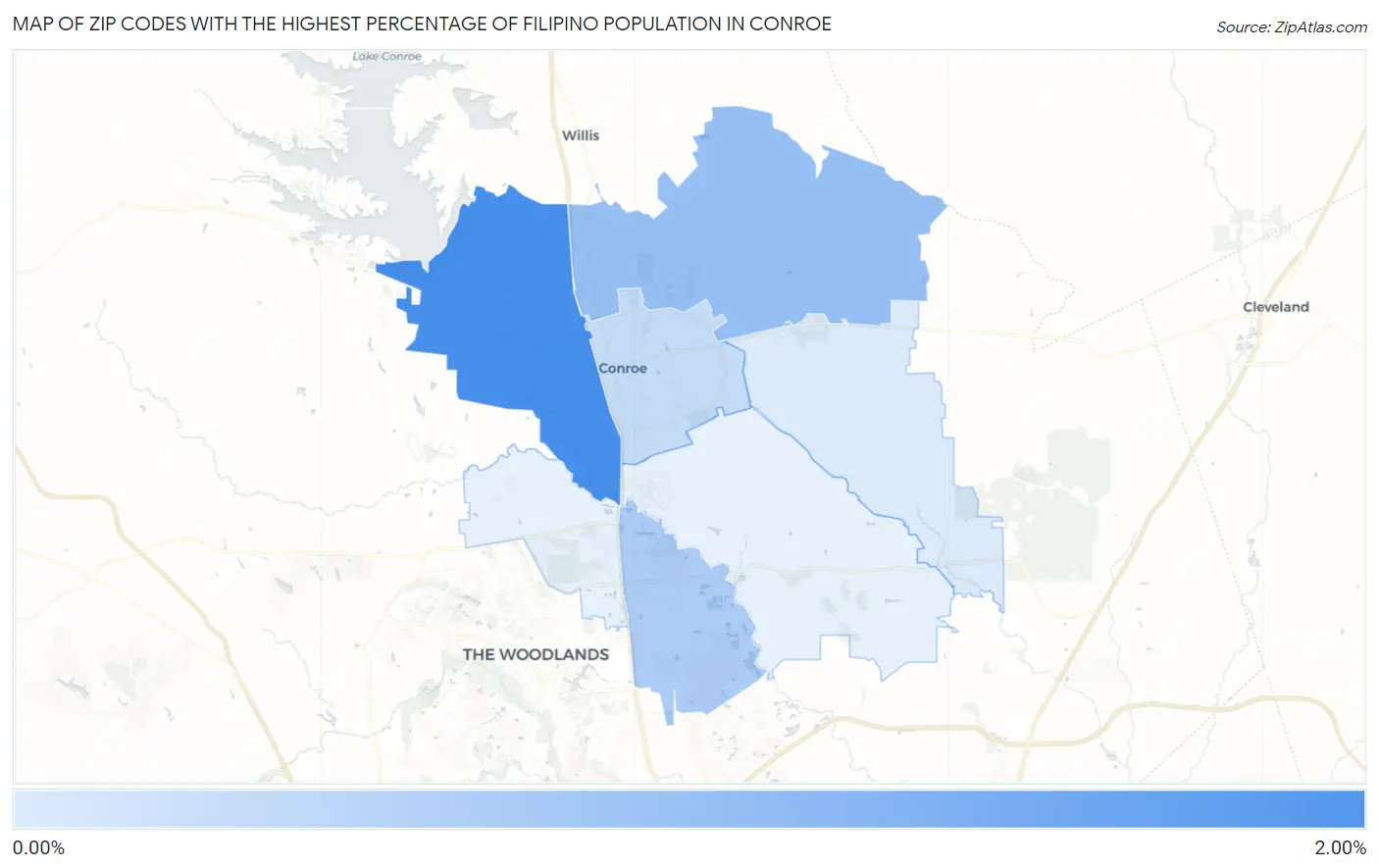 Zip Codes with the Highest Percentage of Filipino Population in Conroe Map