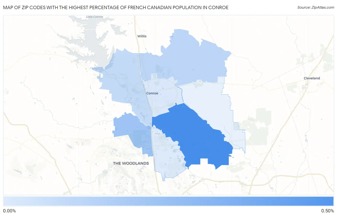 Zip Codes with the Highest Percentage of French Canadian Population in Conroe Map