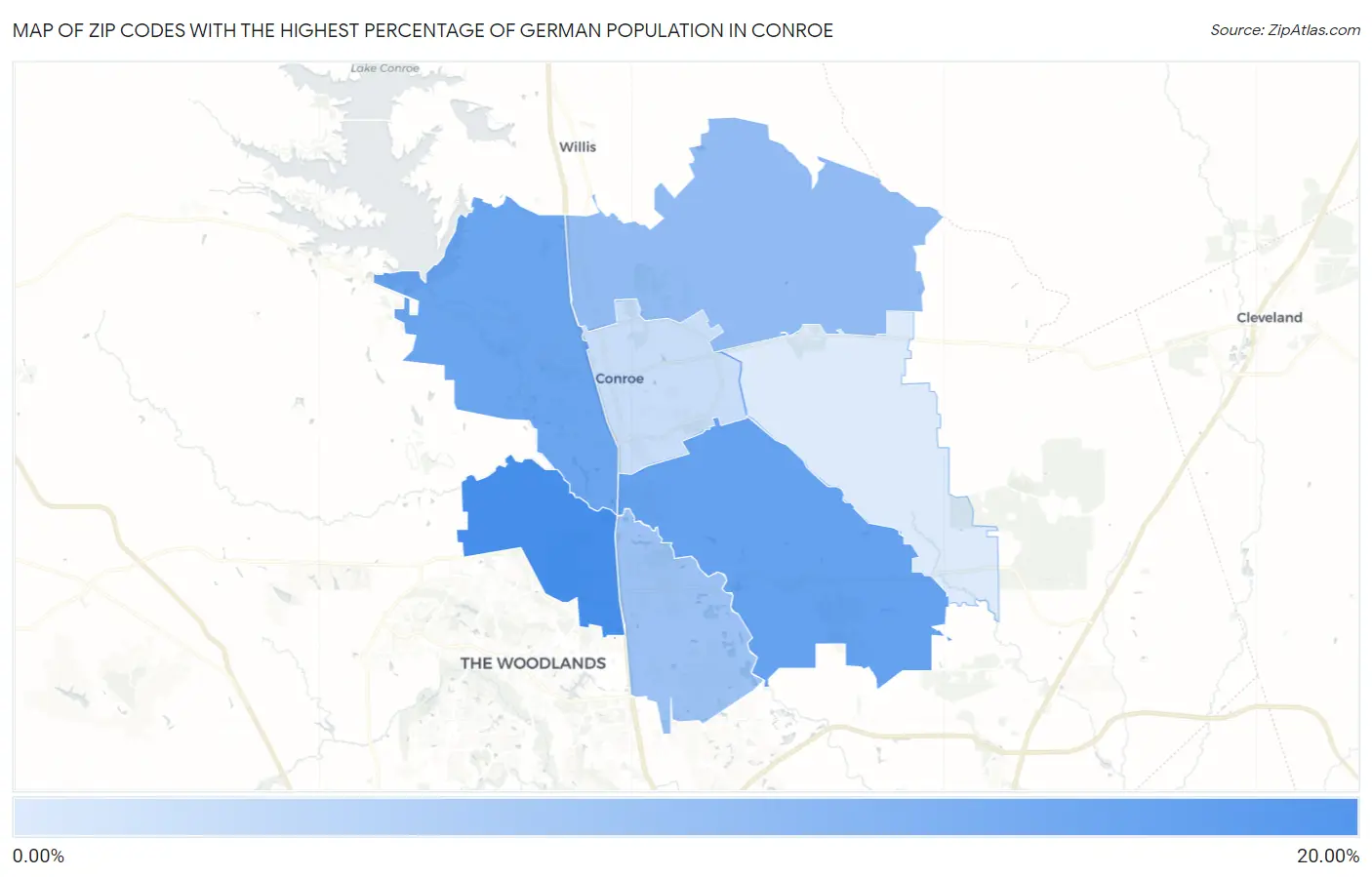 Zip Codes with the Highest Percentage of German Population in Conroe Map