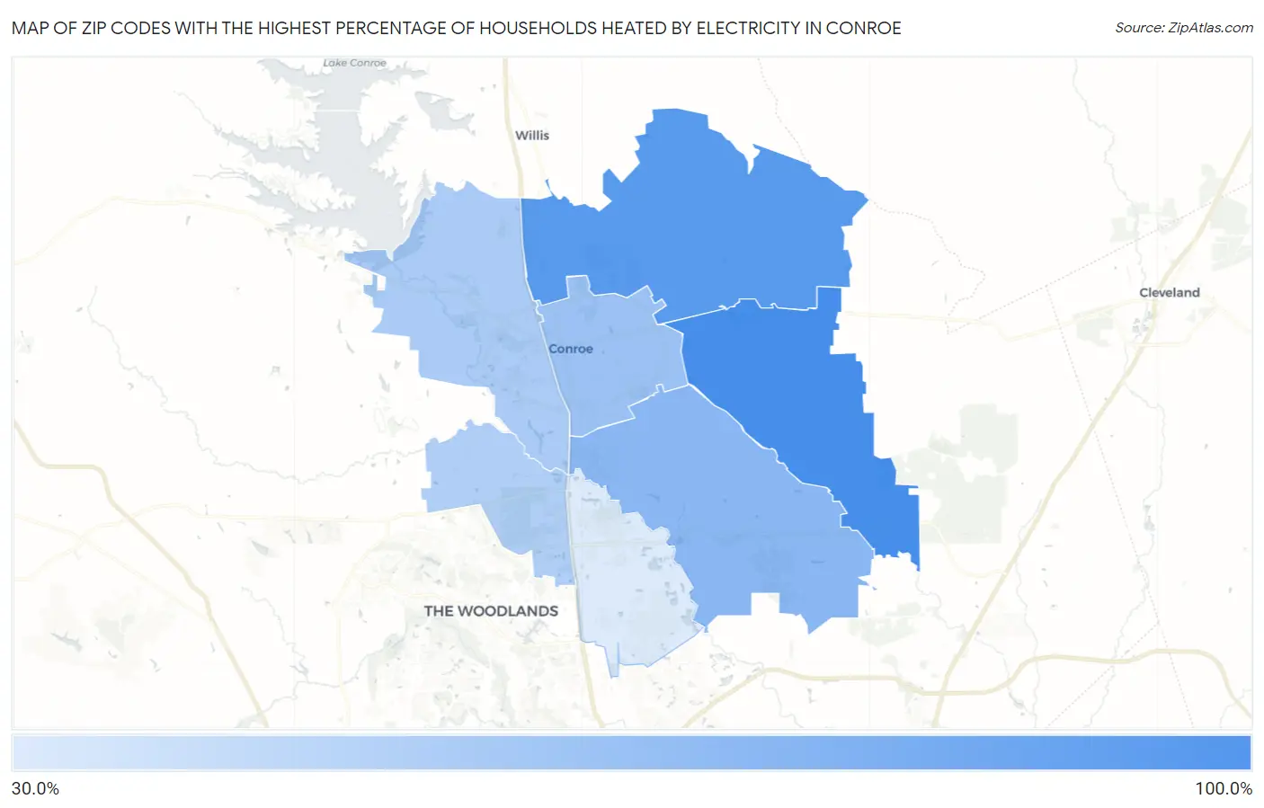 Zip Codes with the Highest Percentage of Households Heated by Electricity in Conroe Map