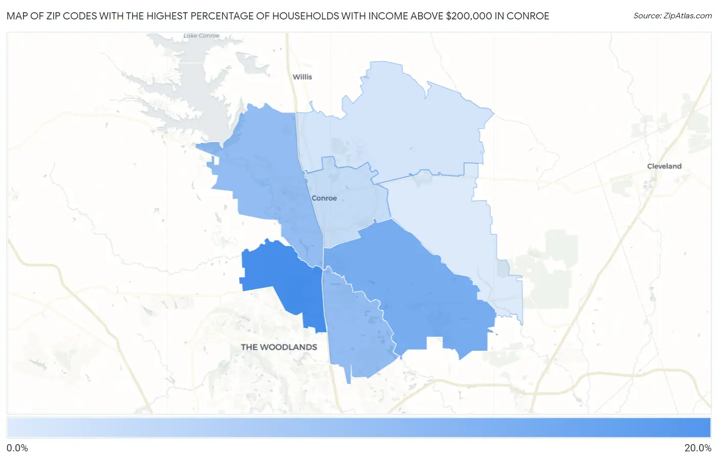 Zip Codes with the Highest Percentage of Households with Income Above $200,000 in Conroe Map