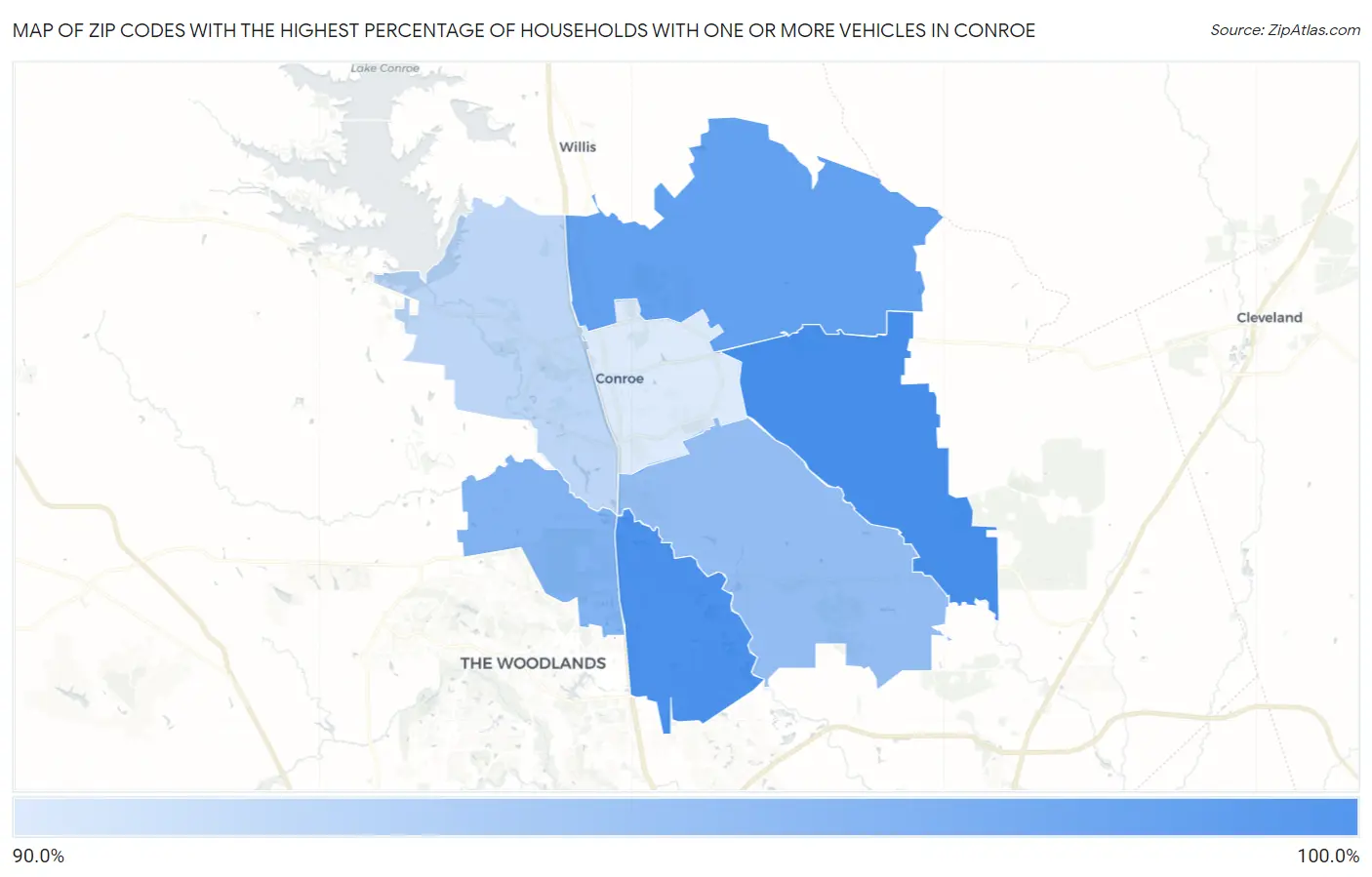 Zip Codes with the Highest Percentage of Households With One or more Vehicles in Conroe Map