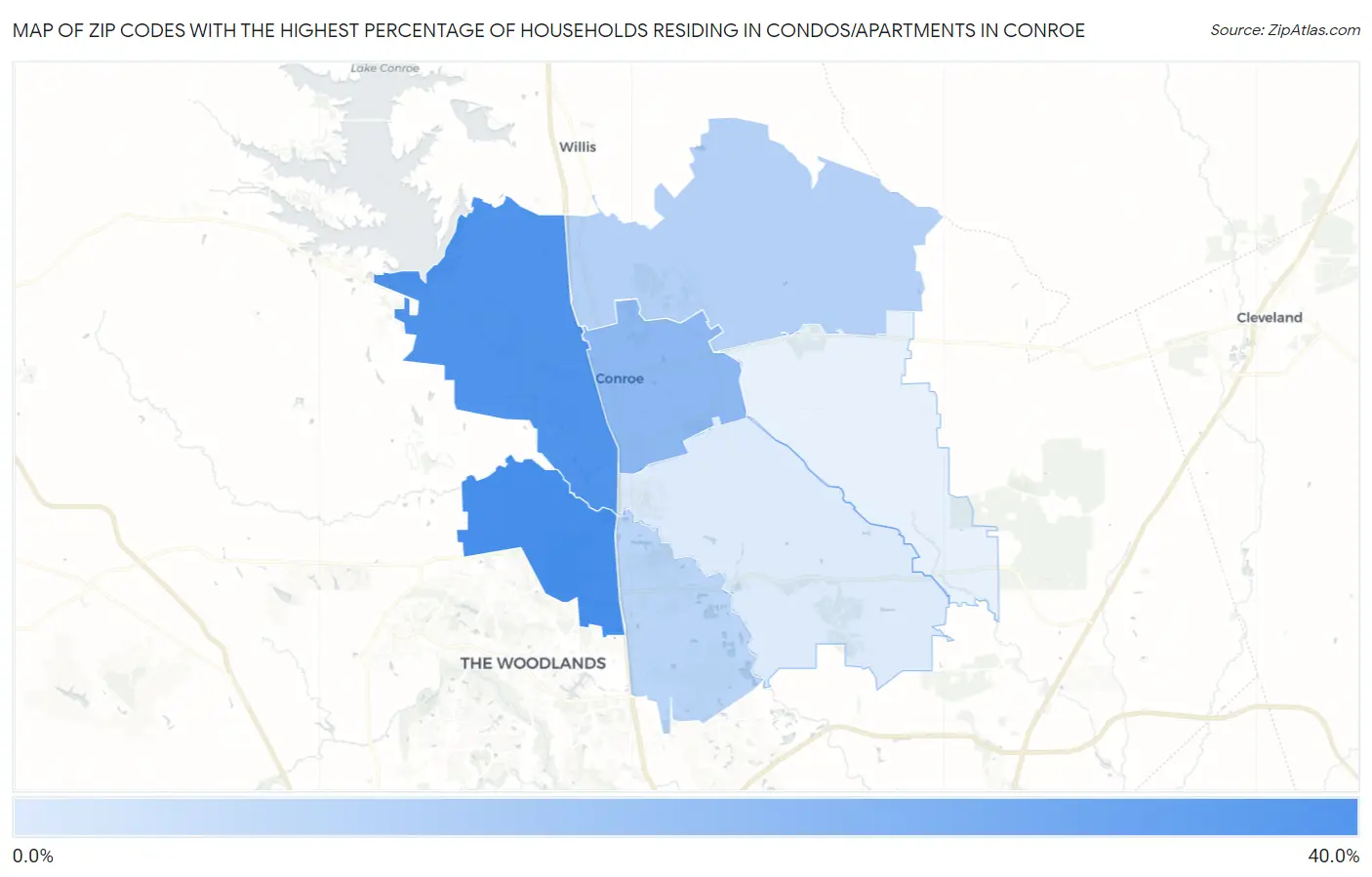 Zip Codes with the Highest Percentage of Households Residing in Condos/Apartments in Conroe Map