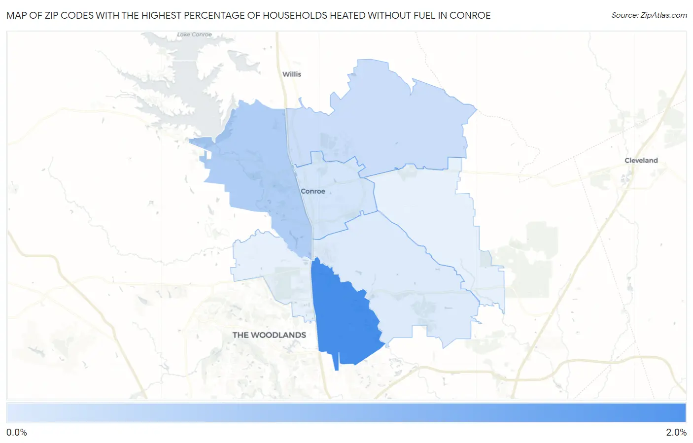 Zip Codes with the Highest Percentage of Households Heated without Fuel in Conroe Map