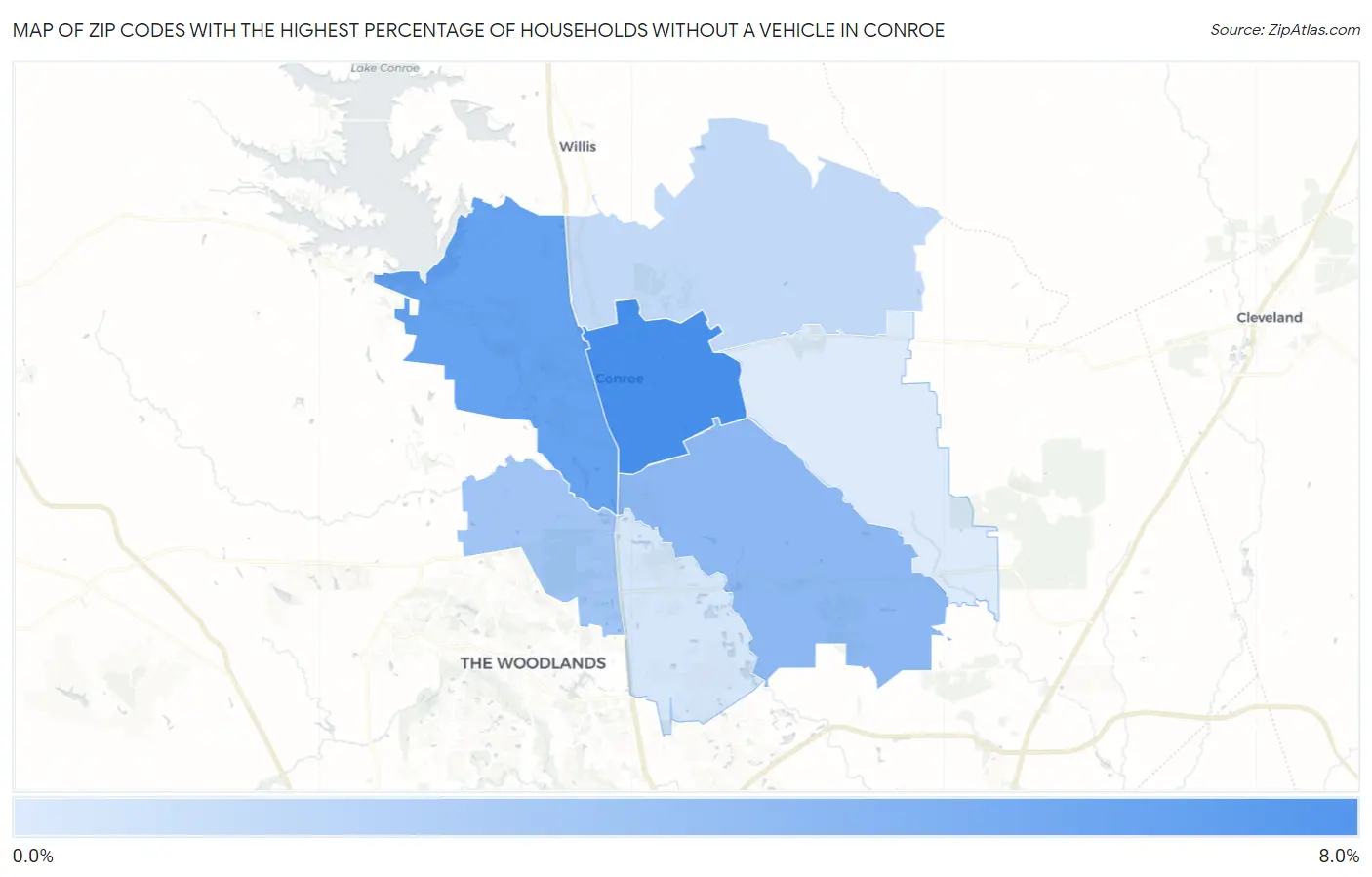 Zip Codes with the Highest Percentage of Households Without a Vehicle in Conroe Map
