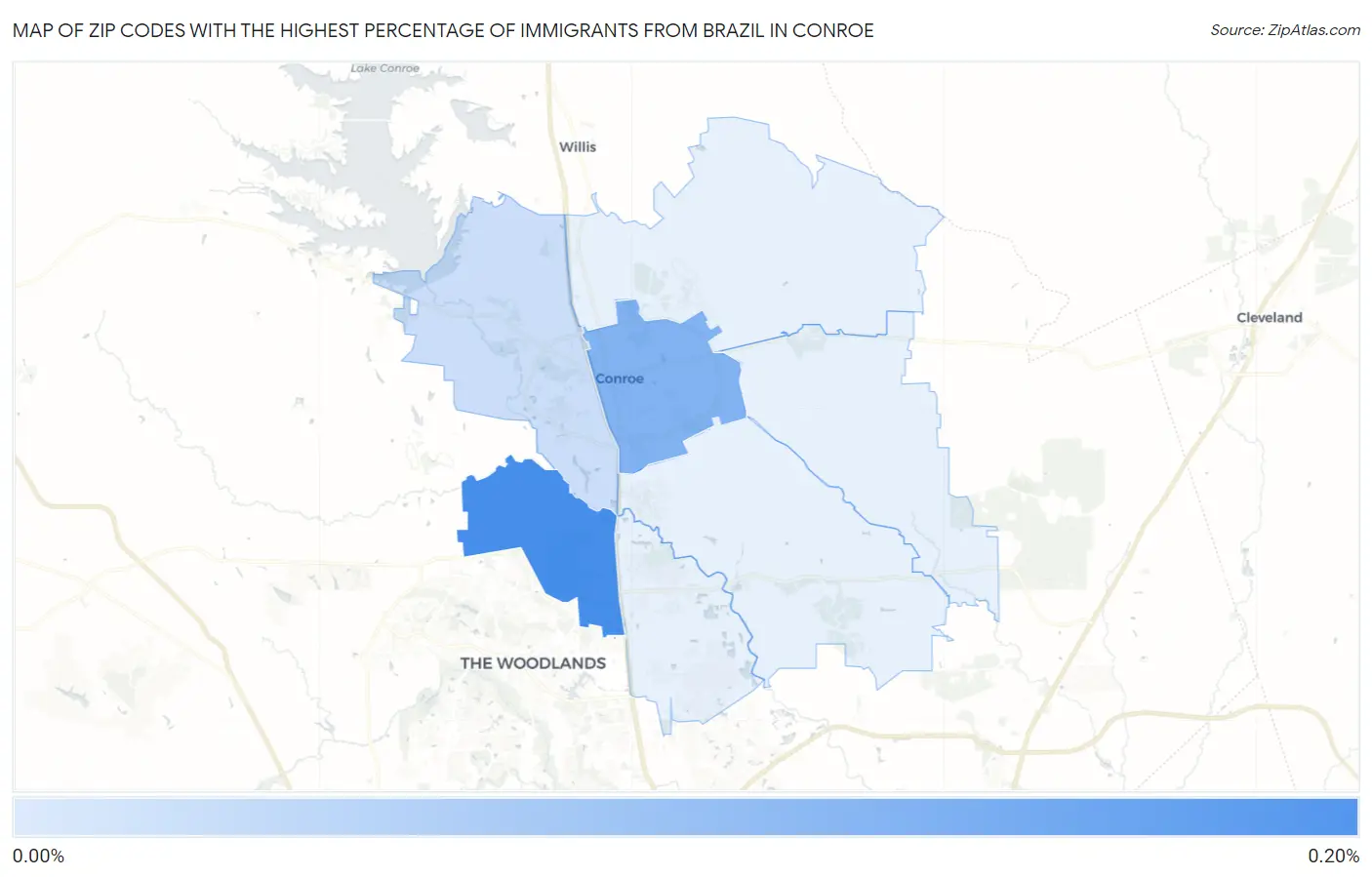 Zip Codes with the Highest Percentage of Immigrants from Brazil in Conroe Map