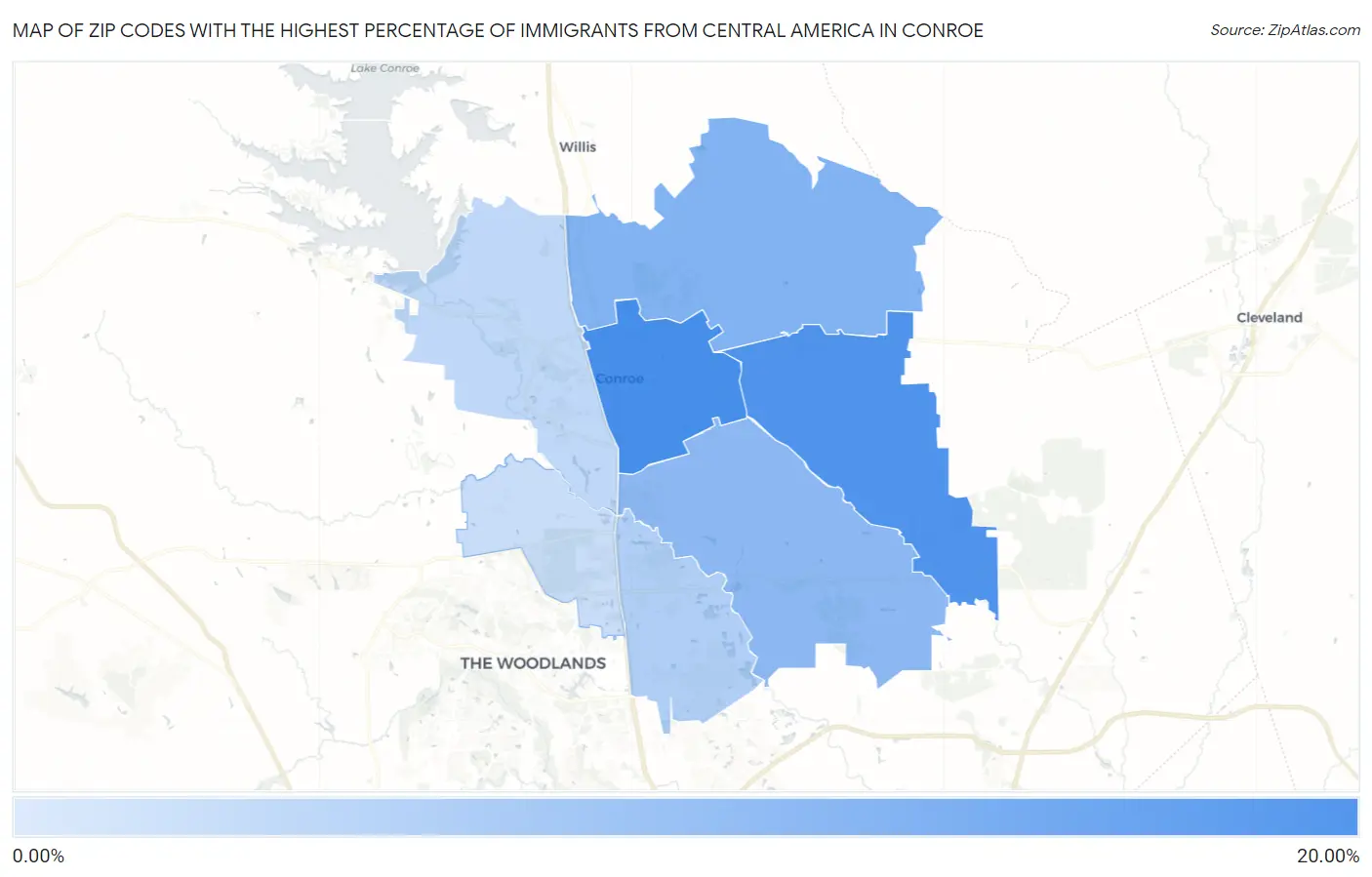 Zip Codes with the Highest Percentage of Immigrants from Central America in Conroe Map