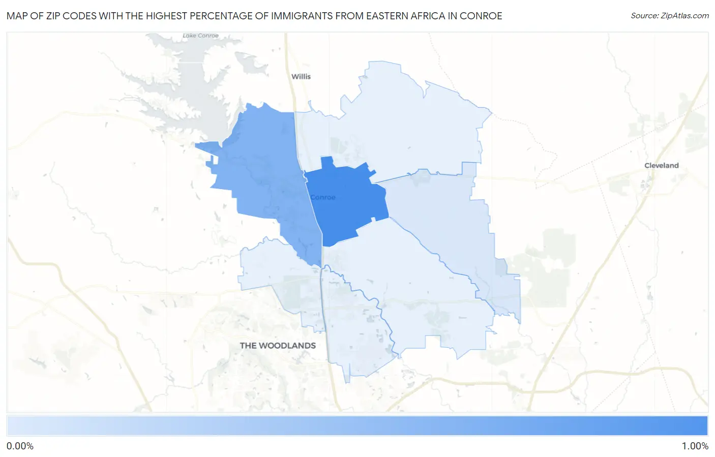 Zip Codes with the Highest Percentage of Immigrants from Eastern Africa in Conroe Map