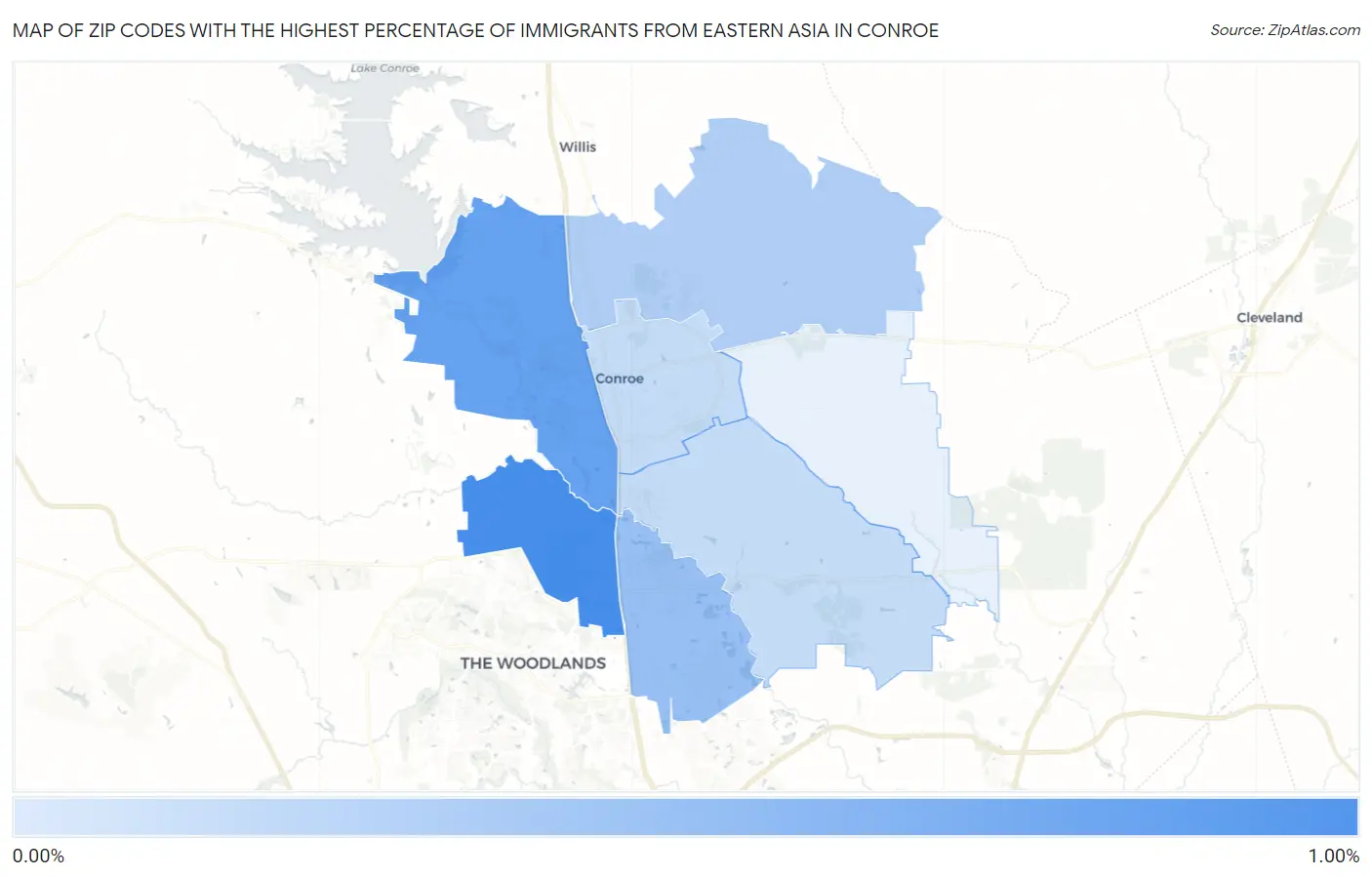 Zip Codes with the Highest Percentage of Immigrants from Eastern Asia in Conroe Map