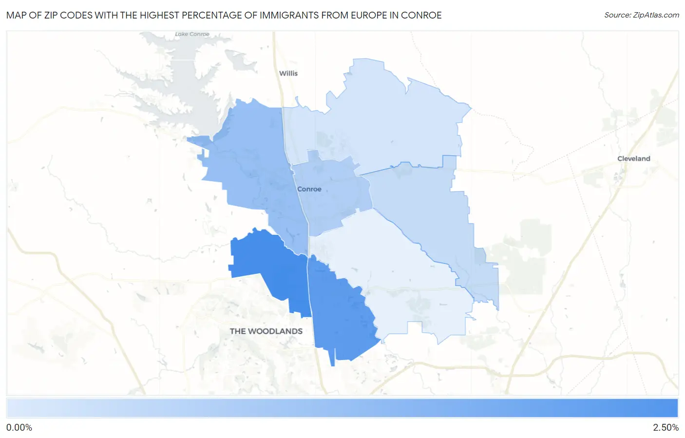 Zip Codes with the Highest Percentage of Immigrants from Europe in Conroe Map