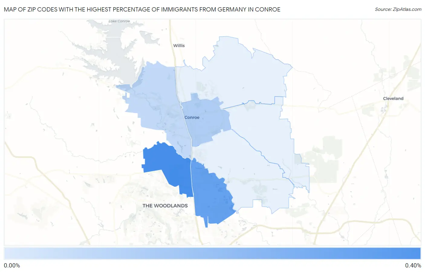 Zip Codes with the Highest Percentage of Immigrants from Germany in Conroe Map