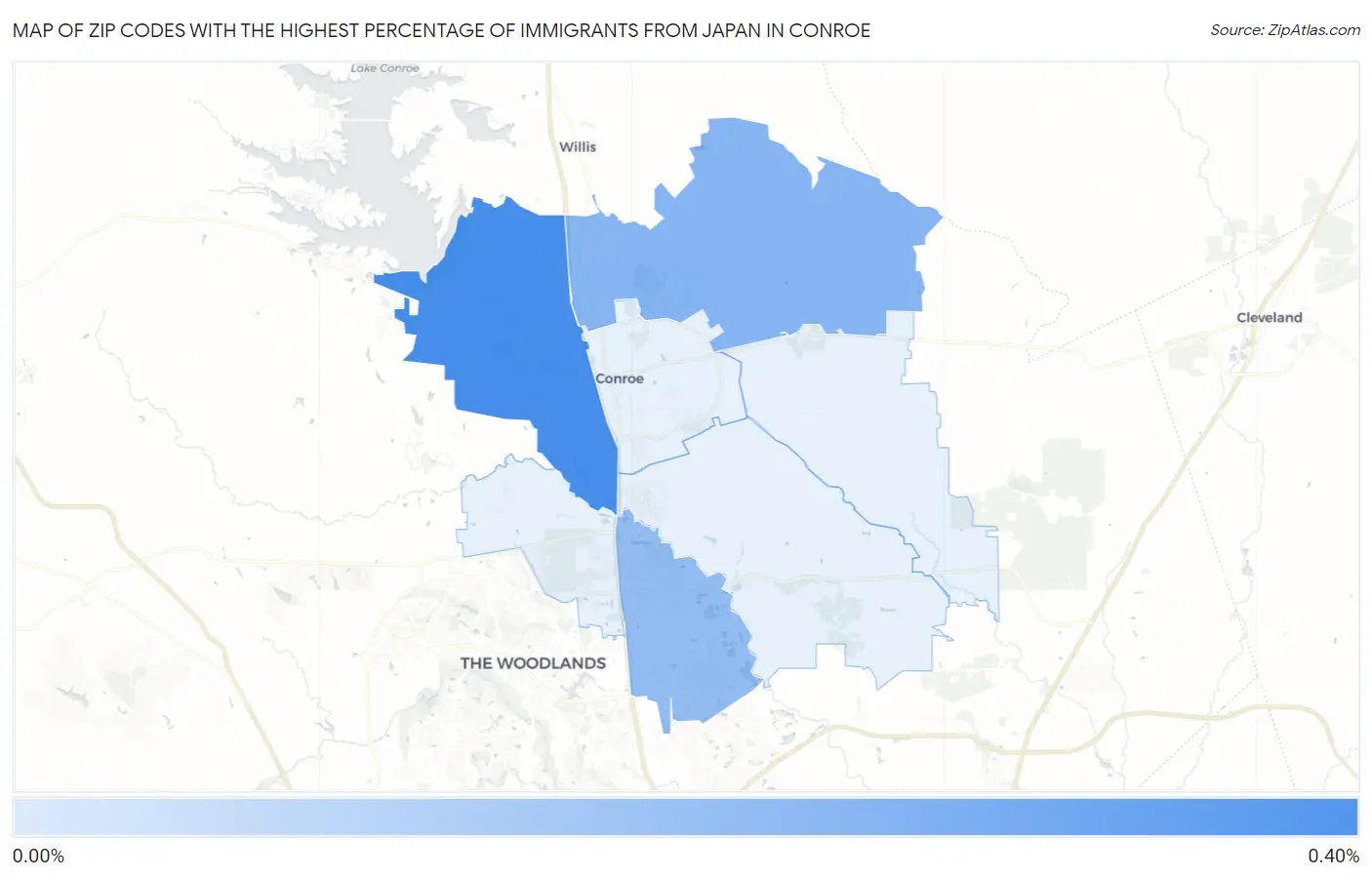 Zip Codes with the Highest Percentage of Immigrants from Japan in Conroe Map