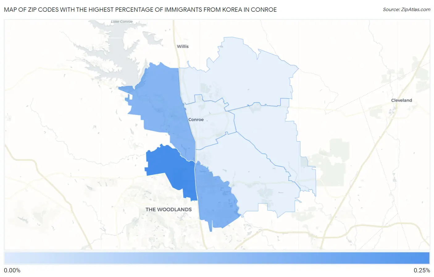 Zip Codes with the Highest Percentage of Immigrants from Korea in Conroe Map