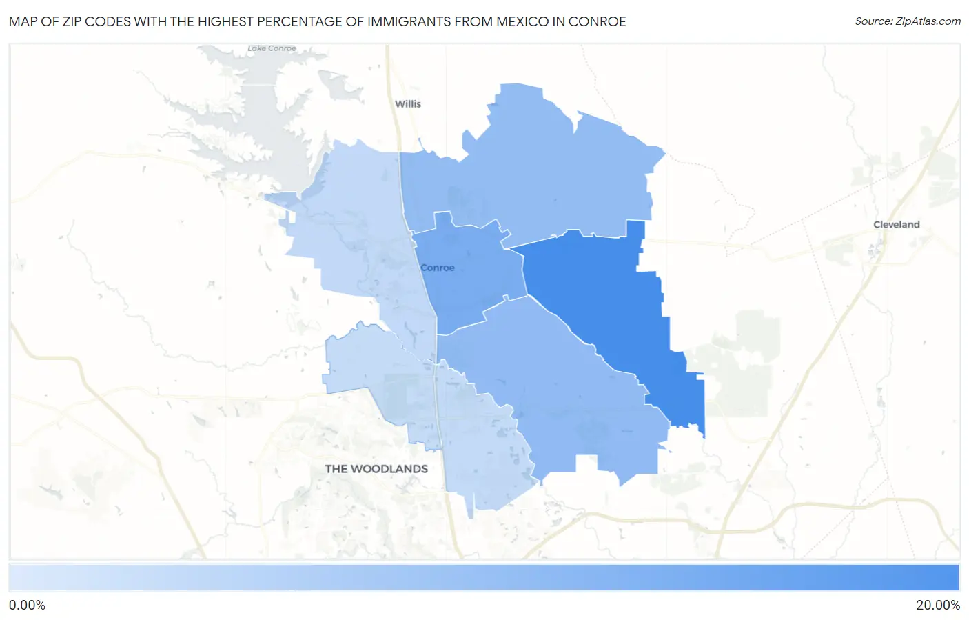 Zip Codes with the Highest Percentage of Immigrants from Mexico in Conroe Map
