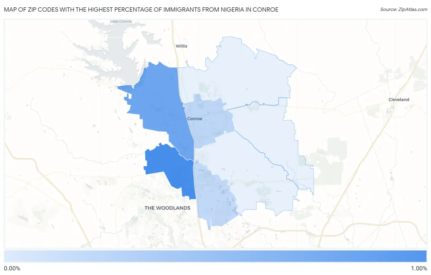 Zip Codes with the Highest Percentage of Immigrants from Nigeria in Conroe Map