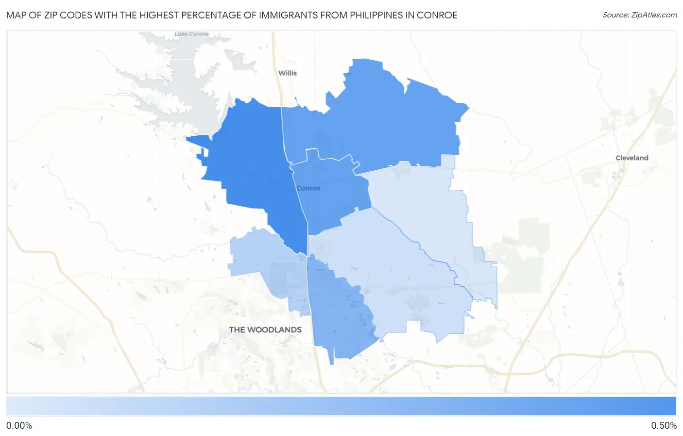 Zip Codes with the Highest Percentage of Immigrants from Philippines in Conroe Map