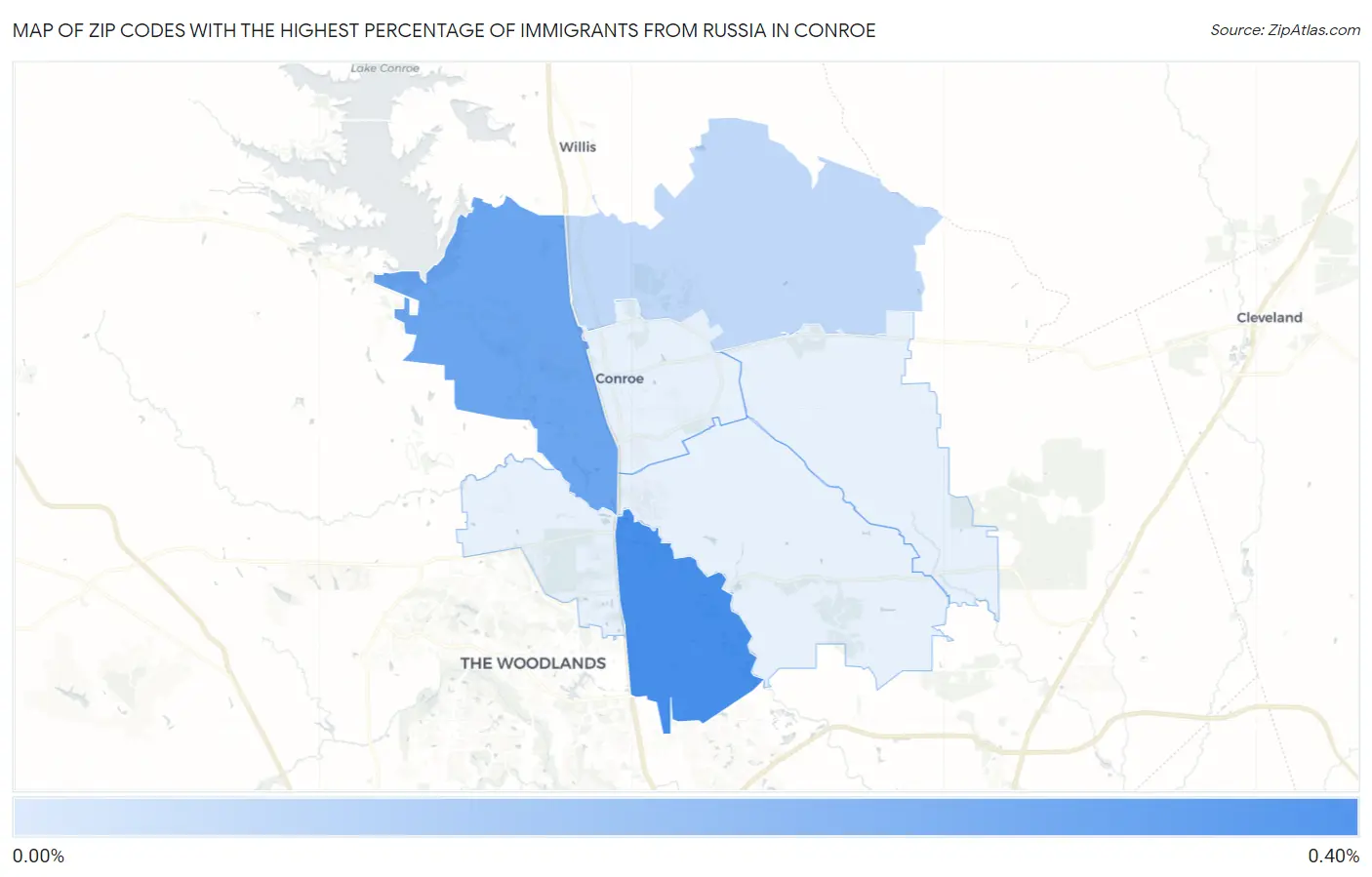 Zip Codes with the Highest Percentage of Immigrants from Russia in Conroe Map