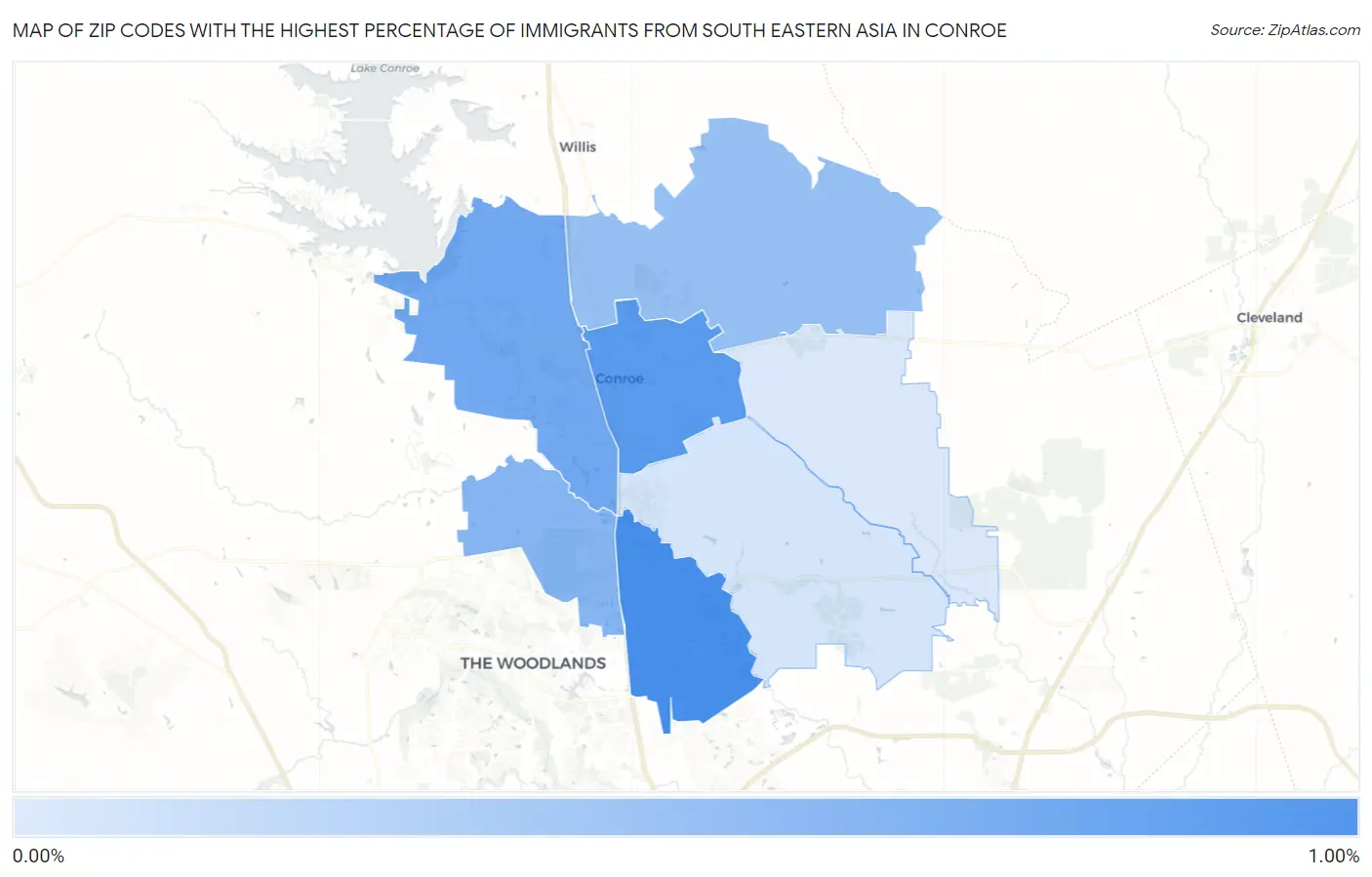 Zip Codes with the Highest Percentage of Immigrants from South Eastern Asia in Conroe Map
