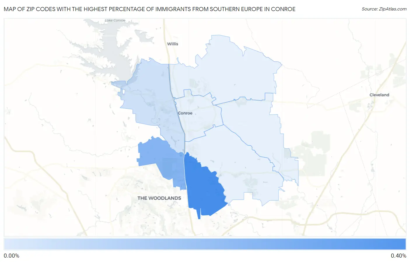 Zip Codes with the Highest Percentage of Immigrants from Southern Europe in Conroe Map